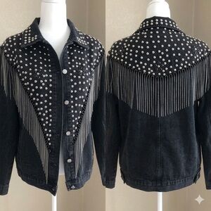 Embellished Rodeo Jean Jacket Studs & Chain Fringe Statement Jacket size XL
